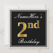 Elegant, Zwart, Nep Goud 2de Verjaardag + Naam Kaart (Voorkant)