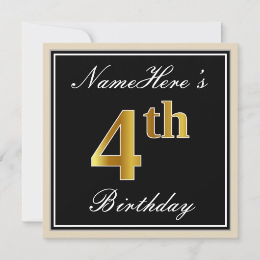 Elegant, Zwart, Nep Goud 4de Verjaardag + Naam Kaart (Voorkant)