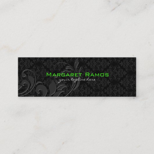 Elegant zwart op zwart bloemdamast mini visitekaartje (Voorkant)