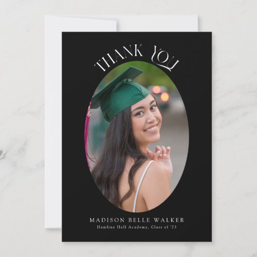 Elegant zwart ovaal Afstuderen foto Dank u Bedankkaart (Voorkant)