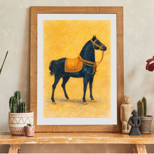 Elegant zwart paard met gouden tuigage kunst poster