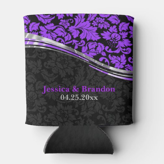Elegant zwart-Paarse Damasjes met zilveraccessoire Blikjeskoeler (Achterkant)