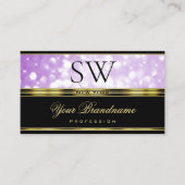 Elegant zwart Paarse Glitter Gold Border Monogram Visitekaartje (Voorkant)