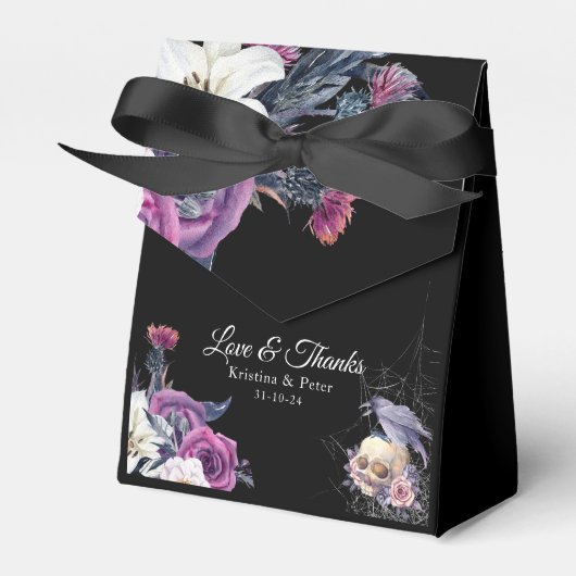 Elegant Zwart Paarse Gotische Bloemen Schedel Brui Bedankdoosjes (Voorkant Zijde)