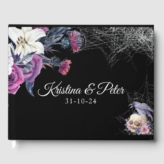 Elegant Zwart Paarse Gotische Bloemen Schedel Brui Gastenboek (Voorkant)