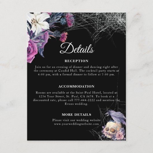 Elegant Zwart Paarse Gotische Bloemen Schedel Brui Informatiekaartje (Voorkant)