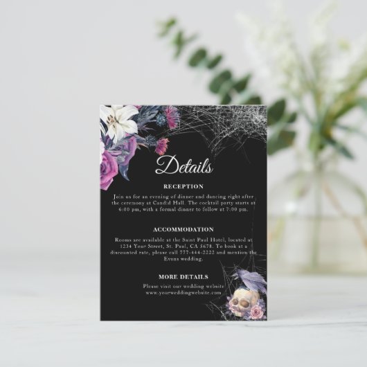 Elegant Zwart Paarse Gotische Bloemen Schedel Brui Informatiekaartje (Staand voorkant)