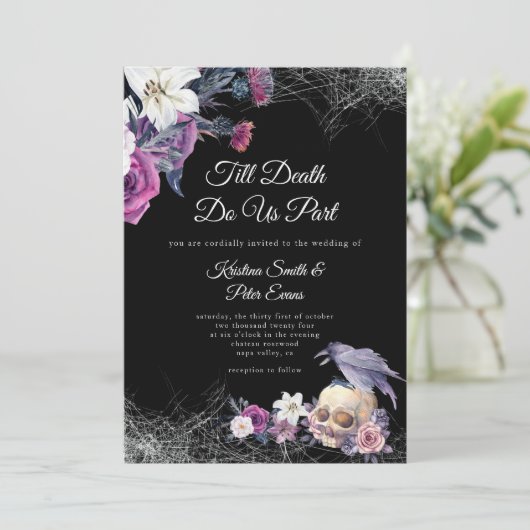 Elegant Zwart Paarse Gotische Bloemen Schedel Brui Kaart (Staand voorkant)