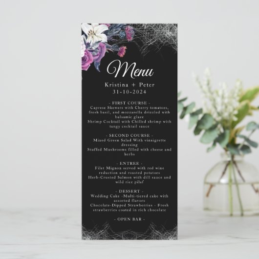 Elegant Zwart Paarse Gotische Bloemen Schedel Brui Menu (Staand voorkant)