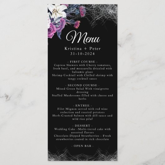 Elegant Zwart Paarse Gotische Bloemen Schedel Brui Menu (Voorkant)