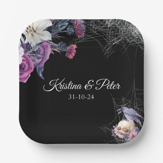 Elegant Zwart Paarse Gotische Bloemen Schedel Brui Papieren Bordje (Voorkant)