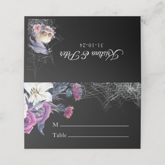 Elegant Zwart Paarse Gotische Bloemen Schedel Brui Plaatskaartje (Buitenkant ongevouwen)