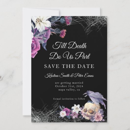 Elegant Zwart Paarse Gotische Bloemen Schedel Brui Save The Date (Voorkant)