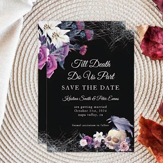 Elegant Zwart Paarse Gotische Bloemen Schedel Brui Save The Date
