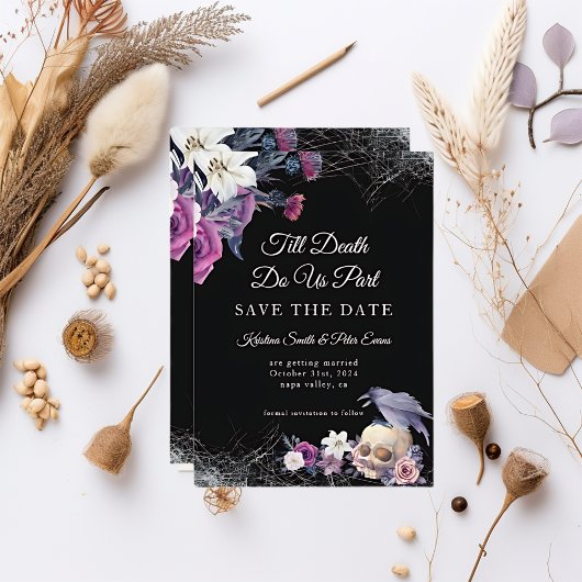 Elegant Zwart Paarse Gotische Bloemen Schedel Brui Save The Date