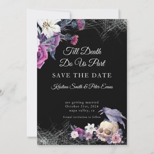 Elegant Zwart Paarse Gotische Bloemen Schedel Brui Save The Date (Voorkant)