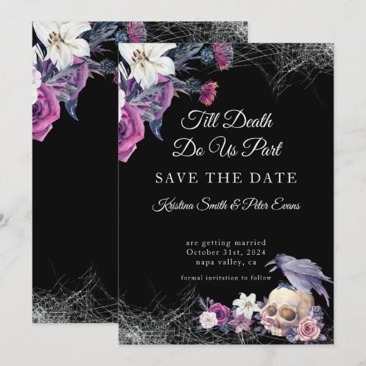 Elegant Zwart Paarse Gotische Bloemen Schedel Brui Save The Date (Voorkant / Achterkant)