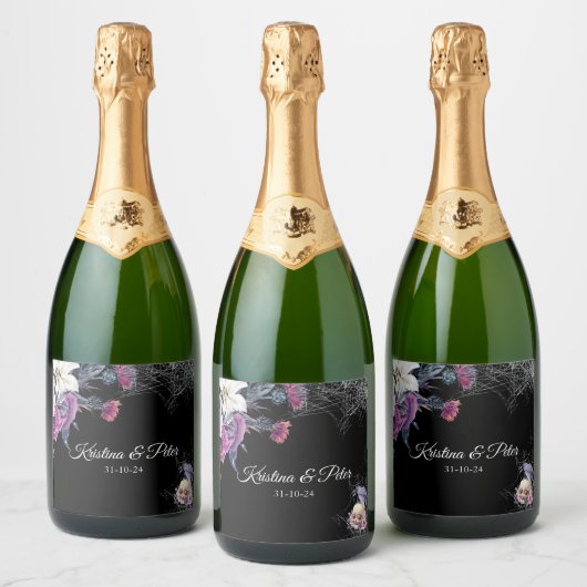 Elegant Zwart Paarse Gotische Bloemen Schedel Brui Sparkling Wijnetiket (Flessen)
