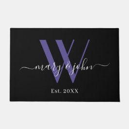 Elegant Zwart Paarse Monogram Namen Script Wedding Deurmat