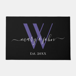 Elegant Zwart Paarse Monogram Namen Script Wedding Deurmat