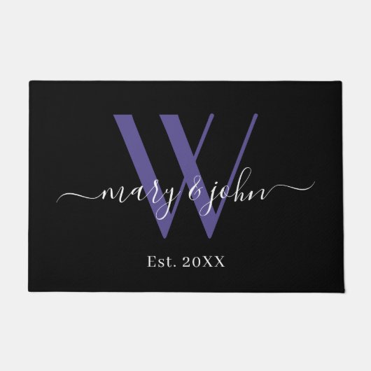 Elegant Zwart Paarse Monogram Namen Script Wedding Deurmat (Voorkant)