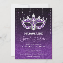 Elegant Zwart Paarse Zilveren Masquerade Sweet 16 Kaart