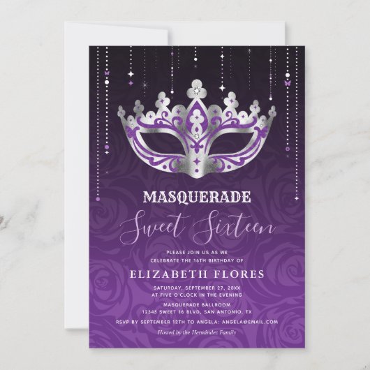 Elegant Zwart Paarse Zilveren Masquerade Sweet 16 Kaart (Voorkant)