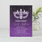 Elegant Zwart Paarse Zilveren Masquerade Sweet 16 Kaart (Staand voorkant)