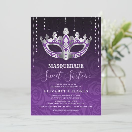 Elegant Zwart Paarse Zilveren Masquerade Sweet 16 Kaart (Staand voorkant)