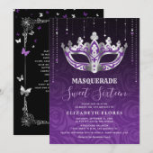 Elegant Zwart Paarse Zilveren Masquerade Sweet 16 Kaart (Voorkant / Achterkant)