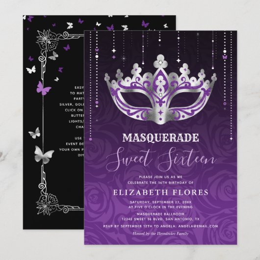 Elegant Zwart Paarse Zilveren Masquerade Sweet 16 Kaart (Voorkant / Achterkant)
