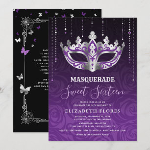 Elegant Zwart Paarse Zilveren Masquerade Sweet 16 Kaart