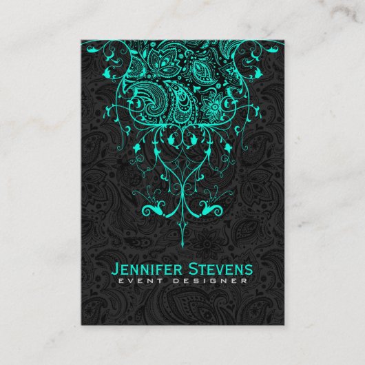 Elegant zwart Paisley & Blauwgroen-groen bloemenka Visitekaartje (Voorkant)