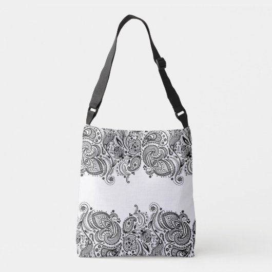 Elegant Zwart Paisley Kant Witte Achtergrond Crossbody Tas (Achterkant)