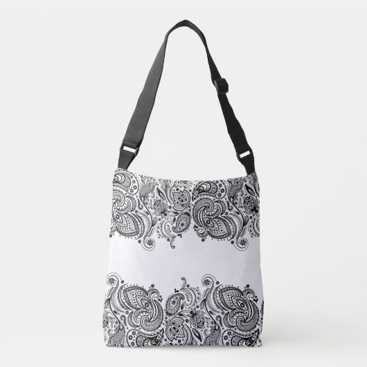 Elegant Zwart Paisley Kant Witte Achtergrond Crossbody Tas (Voorkant)