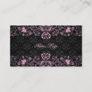 Elegant Zwart & Pastel Roze Bloemen Swirls Visitekaartje
