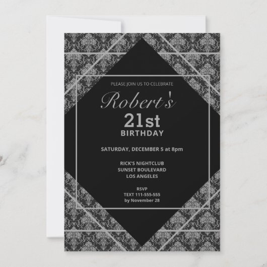 Elegant zwart patroon 21e verjaardag uitnodiging (Voorkant)