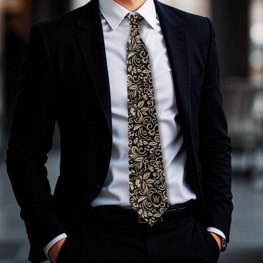 Elegant zwart platina goud bloemenmonogram stropdas