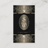 Elegant Zwart Platina  Ornamenten Initialen Visitekaartje (Voorkant)