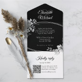 Elegant Zwart QR Code Bloemen Monogram Bruiloft RS All In One Uitnodiging