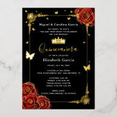 Elegant zwart quinceanera rood rose echt goud folie uitnodiging (Voorkant)