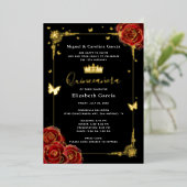 Elegant zwart quinceanera rood rose echt goud folie uitnodiging (Staand Voorkant)