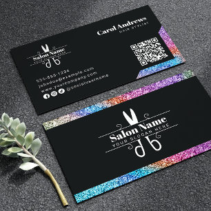 Elegant Zwart & Regenboog Glitter Kapsalon Logo Visitekaartje