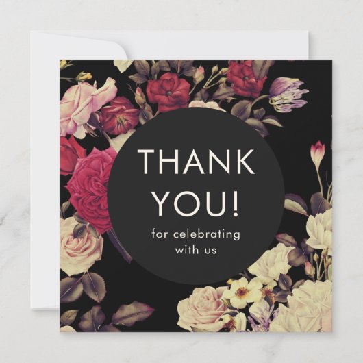 Elegant Zwart Romantisch Bloemen Bruiloft Dank u Bedankkaart (Voorkant)