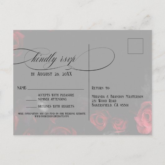 Elegant Zwart Rood Bloemen Bruiloft RSVP Briefkaar Aankondigingskaart (Achterkant)