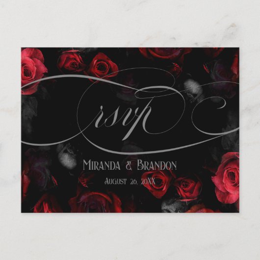 Elegant Zwart Rood Bloemen Bruiloft RSVP Briefkaar Aankondigingskaart (Voorkant)