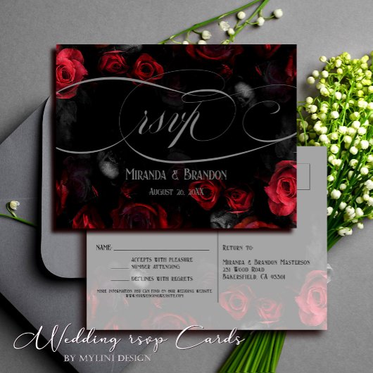Elegant Zwart Rood Bloemen Bruiloft RSVP Briefkaar Aankondigingskaart