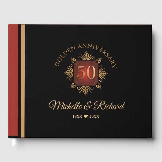 Elegant Zwart Rood Goud 50e Jubileum Gastenboek (Voorkant)