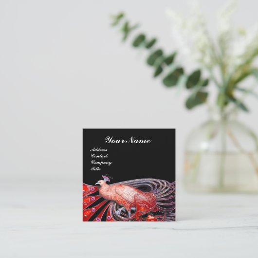 ELEGANT ZWART ROOD PAUWOOG MODE JUWEEL MONOGRAM VIERKANTE VISITEKAARTJE (Staand voorkant)