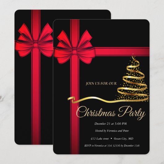 Elegant Zwart Rood Ribonn - Gouden Kerstboom Kaart (Voorkant / Achterkant)